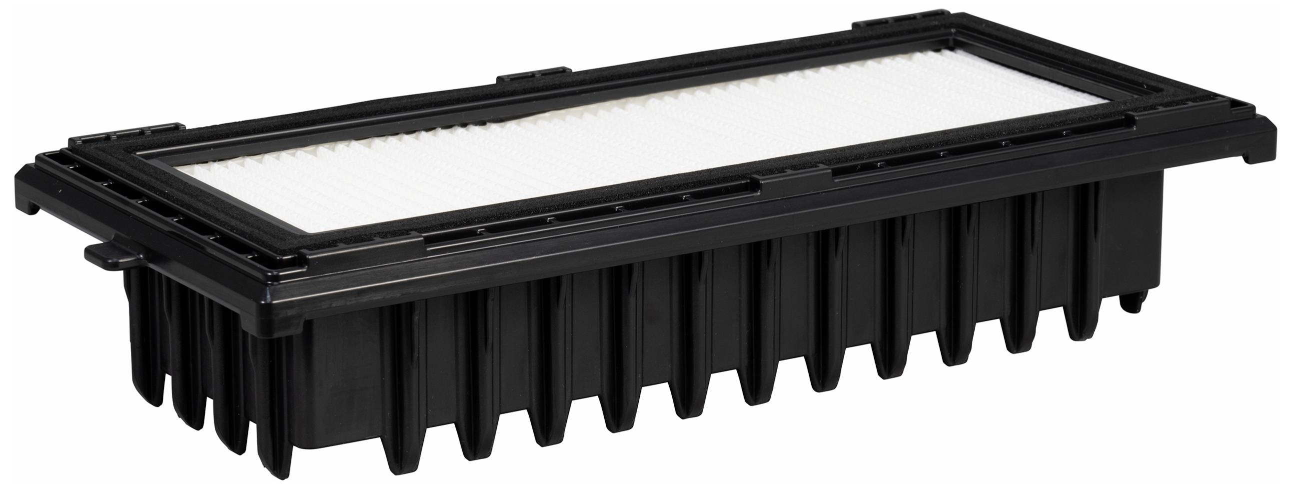 Ein rechteckiger Luftfilter mit schwarzem Kunststoffrahmen und weißen Filtereinsätzen. Er ist für die Reinigung von Luft in Geräten konzipiert.