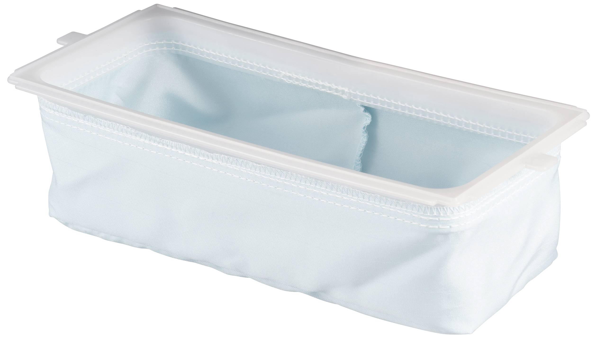 Ein rechteckiger, hellblauer Stoffbehälter mit einer weißen Kunststoffkante. Der Behälter wirkt biegsam und gleichmäßig genäht.