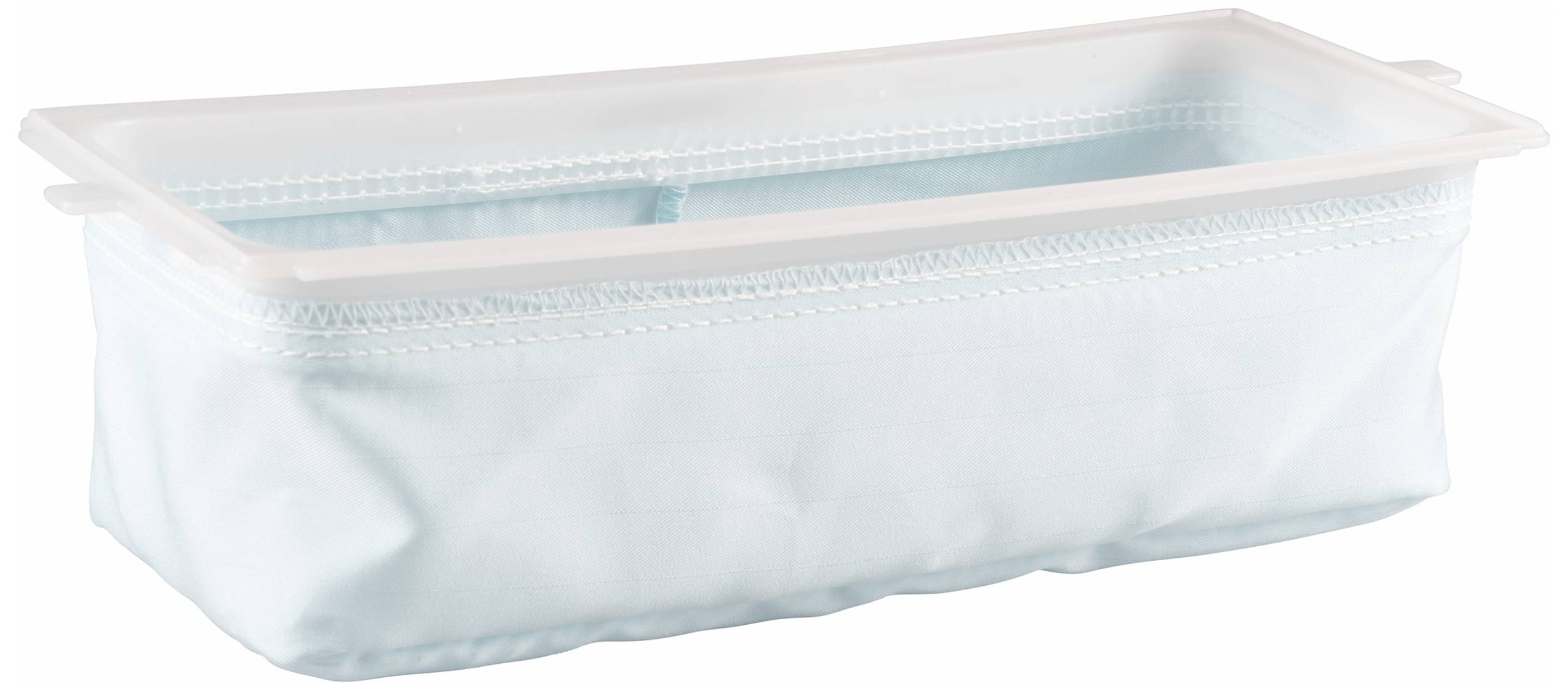 Ein rechteckiger, transparenter Box mit einem hellblauen Stoffüberzug. Offener Deckel zeigt das Innenfach.