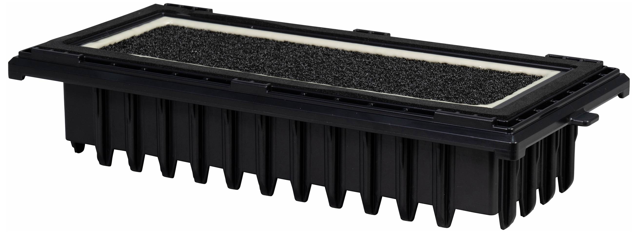 Ein rechteckiger, schwarzer Filter mit einer geriffelten Kante und einer Schwammschicht in der Mitte, zur Luft- oder Wasserreinigung.