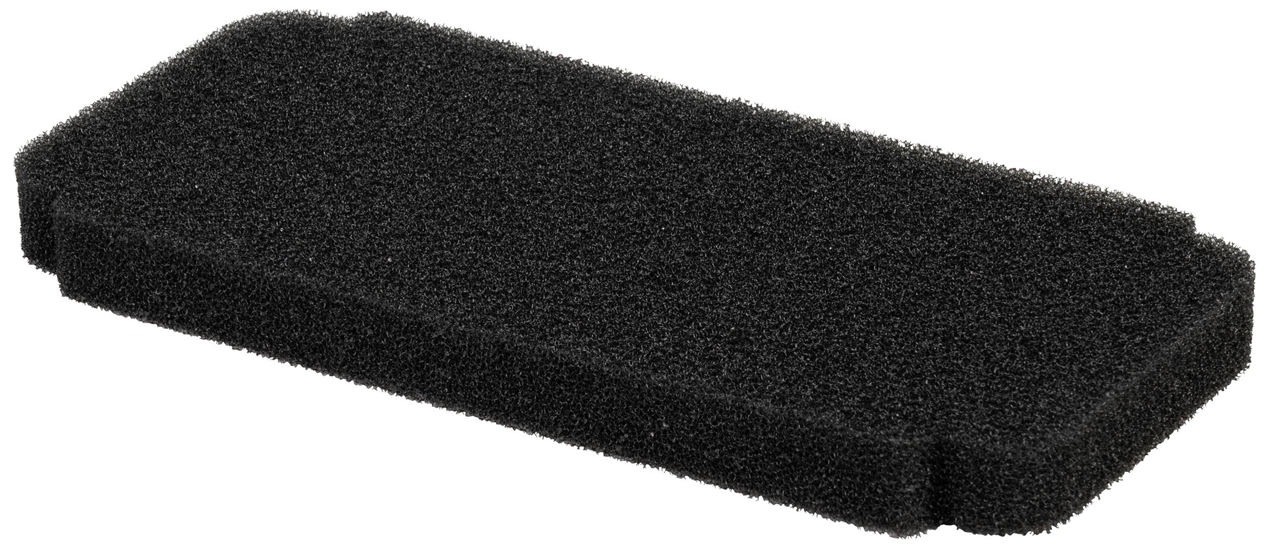 Ein rechteckiger schwarzer Schaumstofffilter, oft in Lüftungs- oder Klimaeinheiten verwendet, um Staub und Partikel zu filtern.