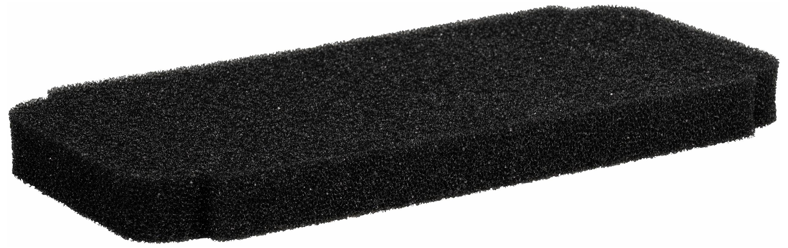 Ein rechteckiger schwarzer Schwamm mit texturierter Oberfläche, geeignet für Reinigungs- oder Polierzwecke.