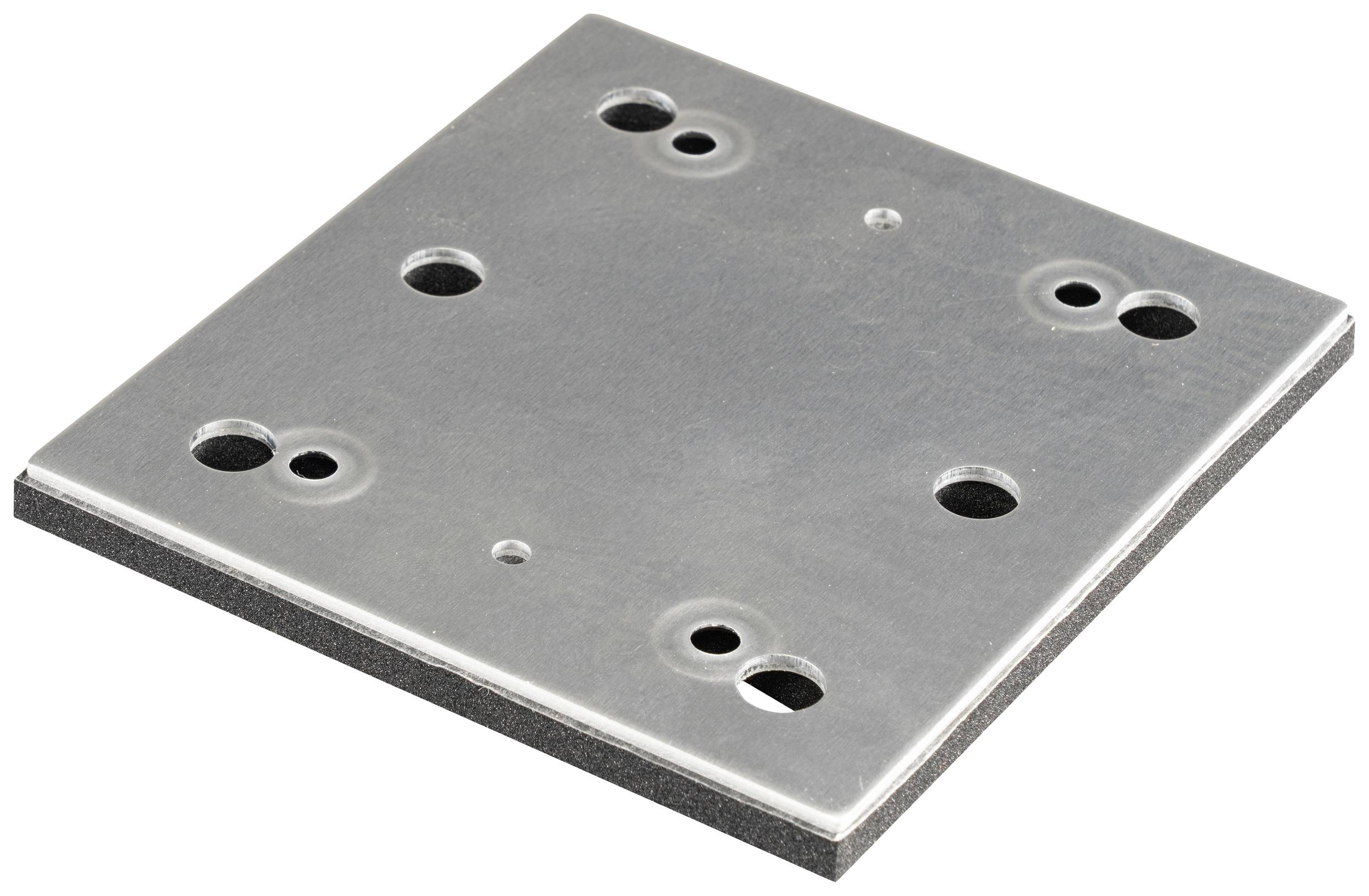 Metallplatte mit mehreren symmetrisch angeordneten Löchern. Offensichtlich für mechanische Befestigungen oder Montagezwecke.