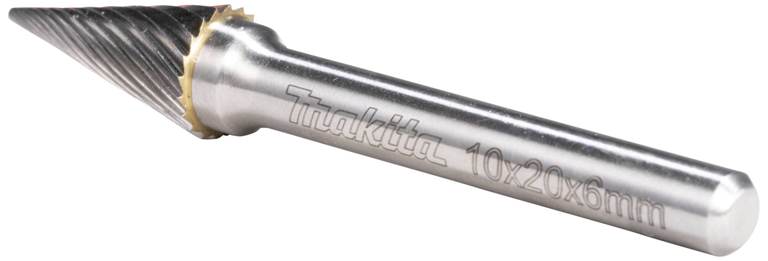 Ein zylindrischer Fräser mit konischem Kopf und Schneidezähnen, aus Metall gefertigt. Auf dem Schaft steht 'Trakrita 10/20x6mm'.