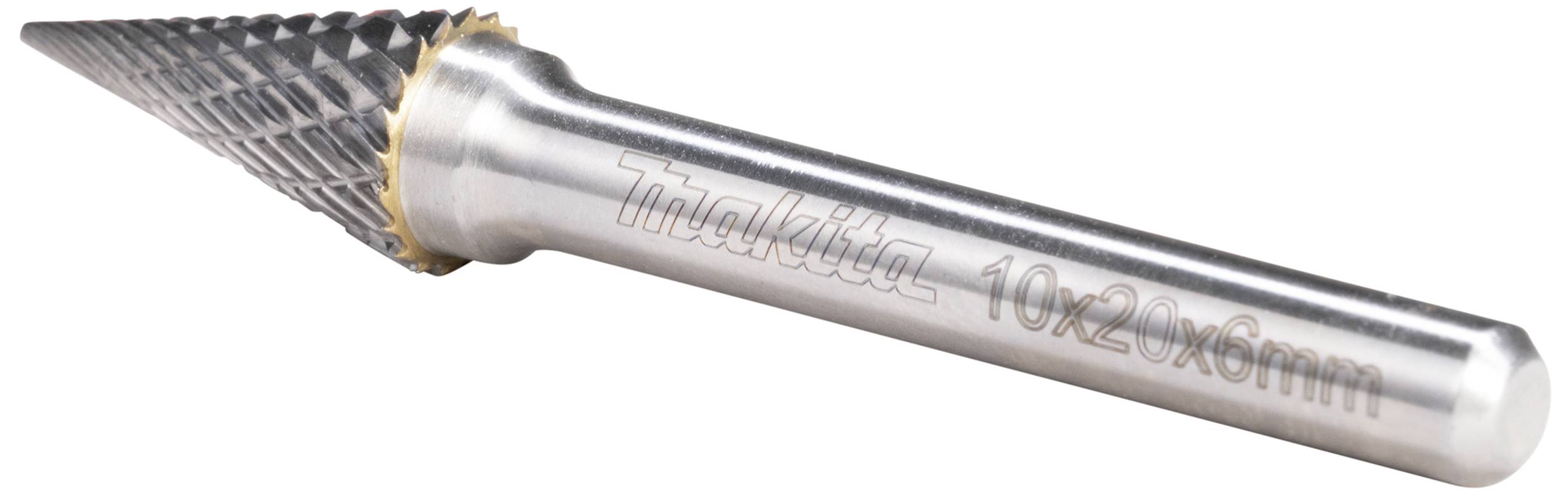 Ein konischer Frässtift aus Metall mit einer strukturierten Spitze und glattem Schaft. Aufschrift: '10x20x6mm'. Entwickelt für präzises Schleifen.