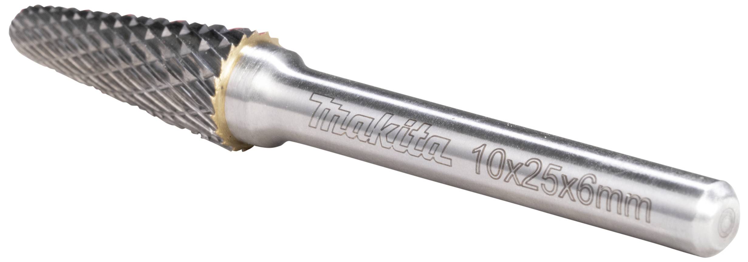 Ein zylindrischer Metallfräser mit spiralförmigen Zähnen und einer Beschriftung 'makita 10x25x6mm' auf dem Schaft.