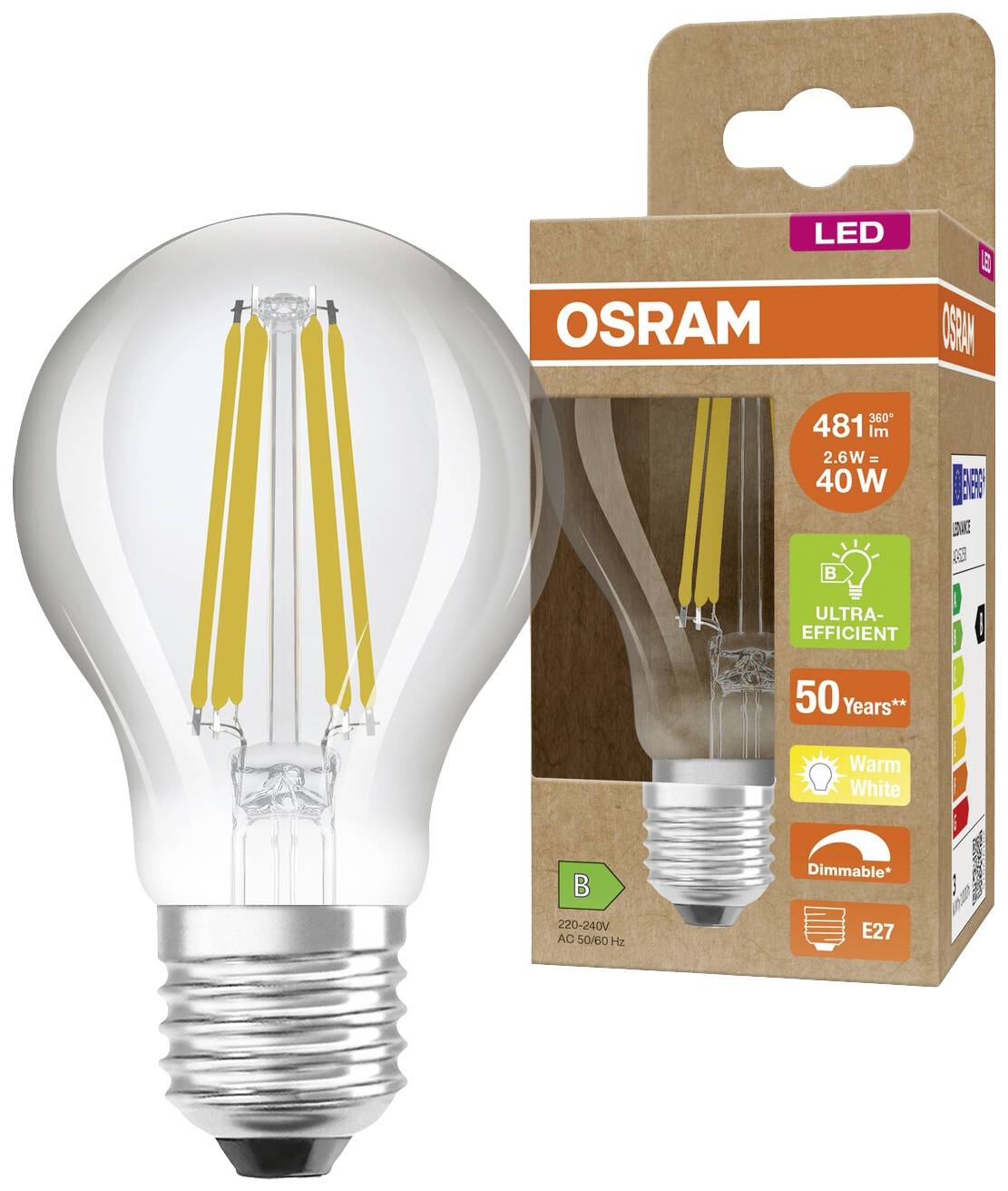 LED-Glühlampe der Marke Osram, 40W Ersatz, 481 lm, E27, 2700K. Verpackung zeigt Effizienzklasse B, warmweißes Licht, dimmbar.