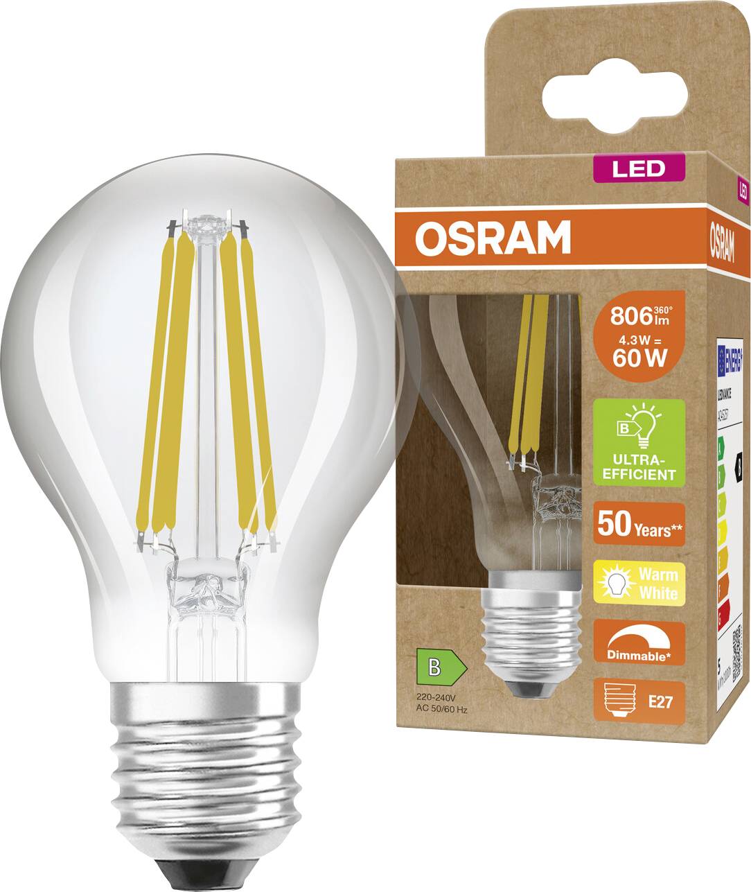 OSRAM LED-Glühbirne mit klarem Glas und Verpackung, gekennzeichnet mit 4,3W, 60W-Äquivalent, warmweiß, dimmbar, E27.