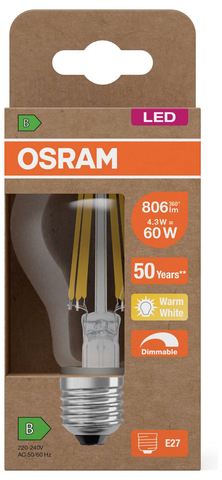 OSRAM LED-Glühbirnenverpackung mit einer E27-dimmbar warmweiße Glühbirne, 4,3W entsprechend 60W, 806 Lumen, Energieklasse B, 50 Jahre.