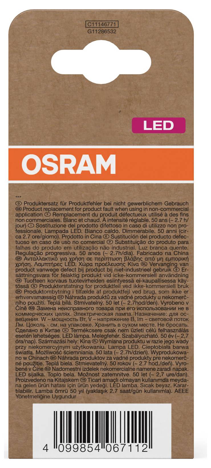 OSRAM LED-Produktverpackung auf einem braunen Karton-Anhänger mit orangefarbenem Branding, kleinem Produktinformationstext und einem Barcode am unteren Ende.
