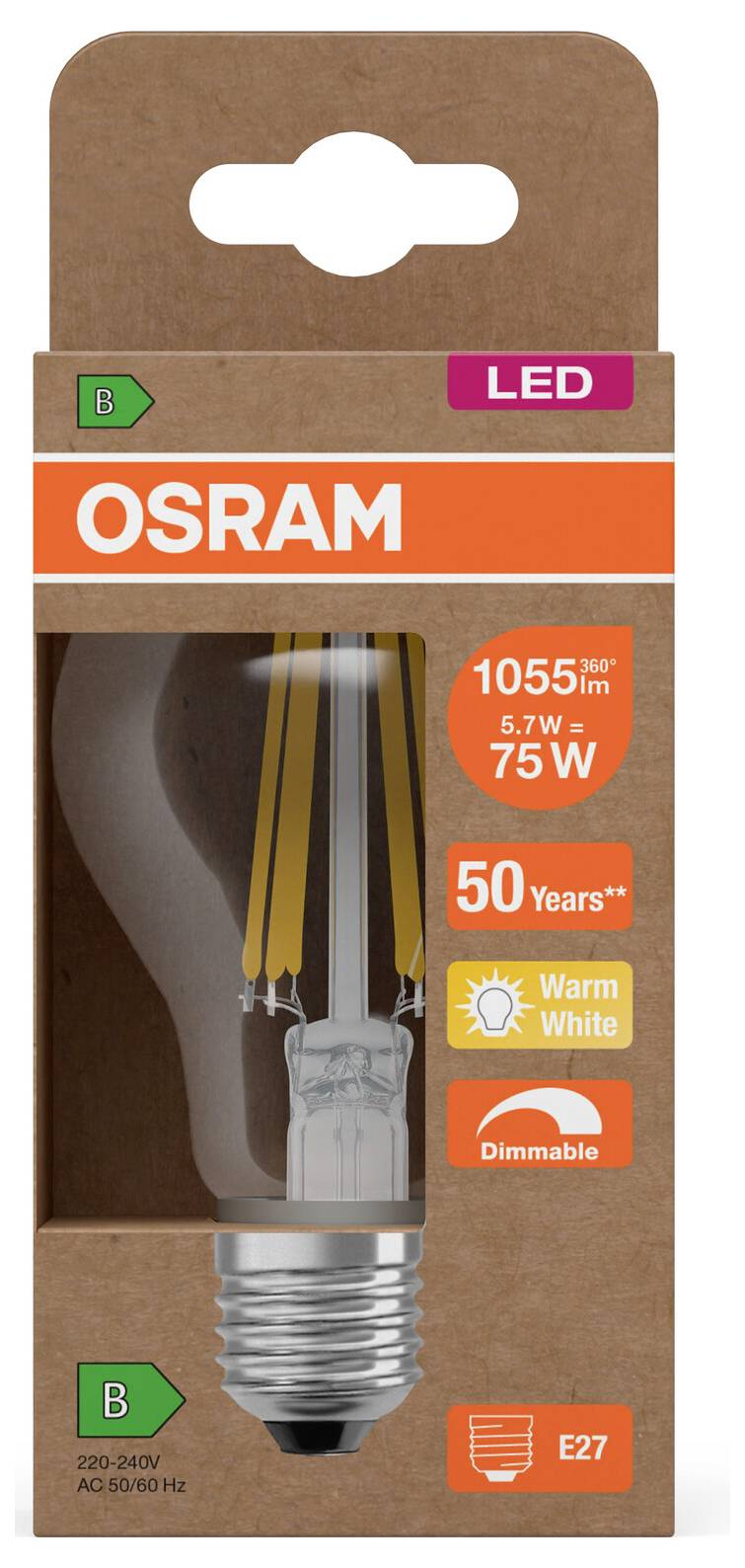 OSRAM LED-Glühbirne, Verpackung, warmweiß, dimmbar, E27-Sockel, 5,7W entspricht 75W, 1055 Lumen, 50.000 Stunden, Energieklasse B.