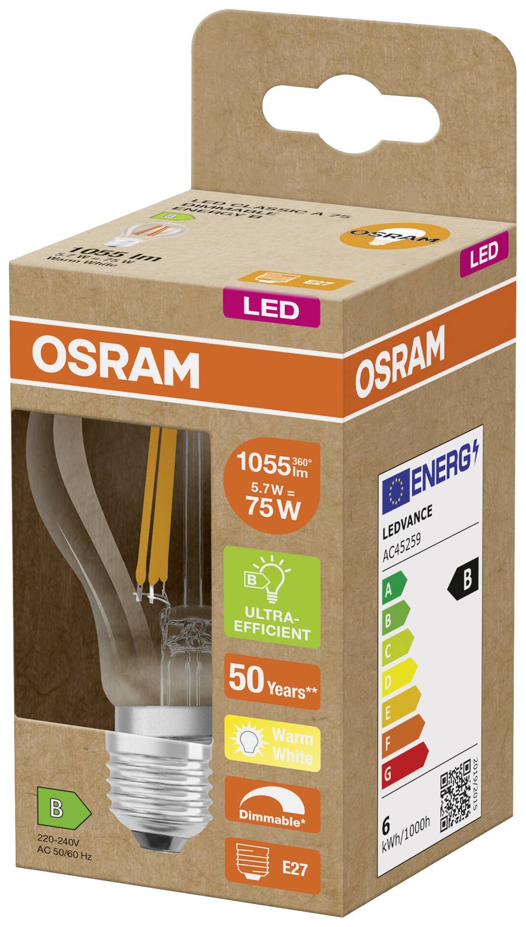 Eine LED-Glühbirnenschachtel von OSRAM, mit 1055 Lumen, 7 Watt, Energieklasse B, 50 Jahre Lebensdauer, warmweißes Licht und dimmbar.