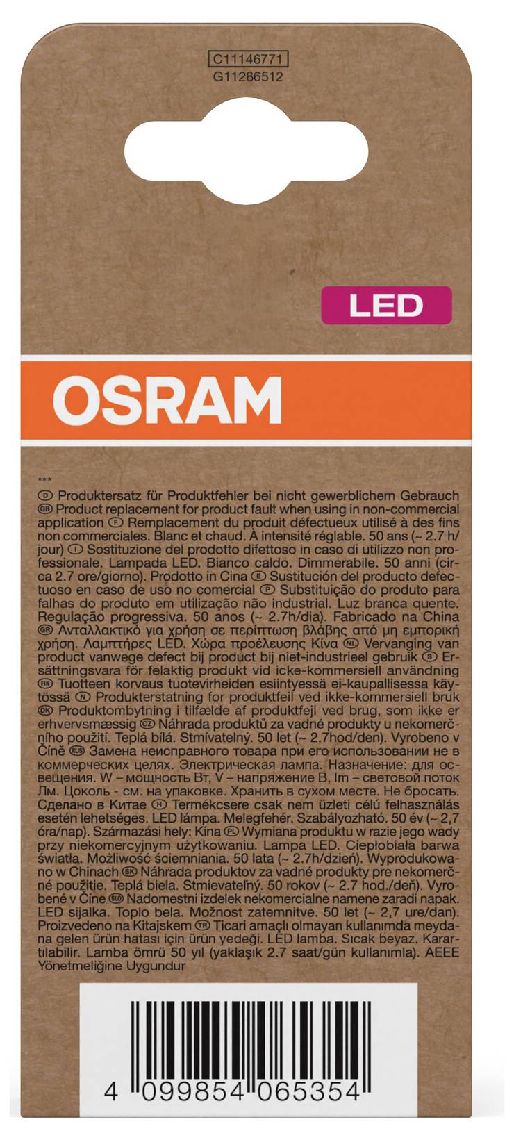 OSRAM LED-Glühbirne Verpackungskarte mit Aufhängeschlitz, orangem Markenband und Barcode am unteren Ende.