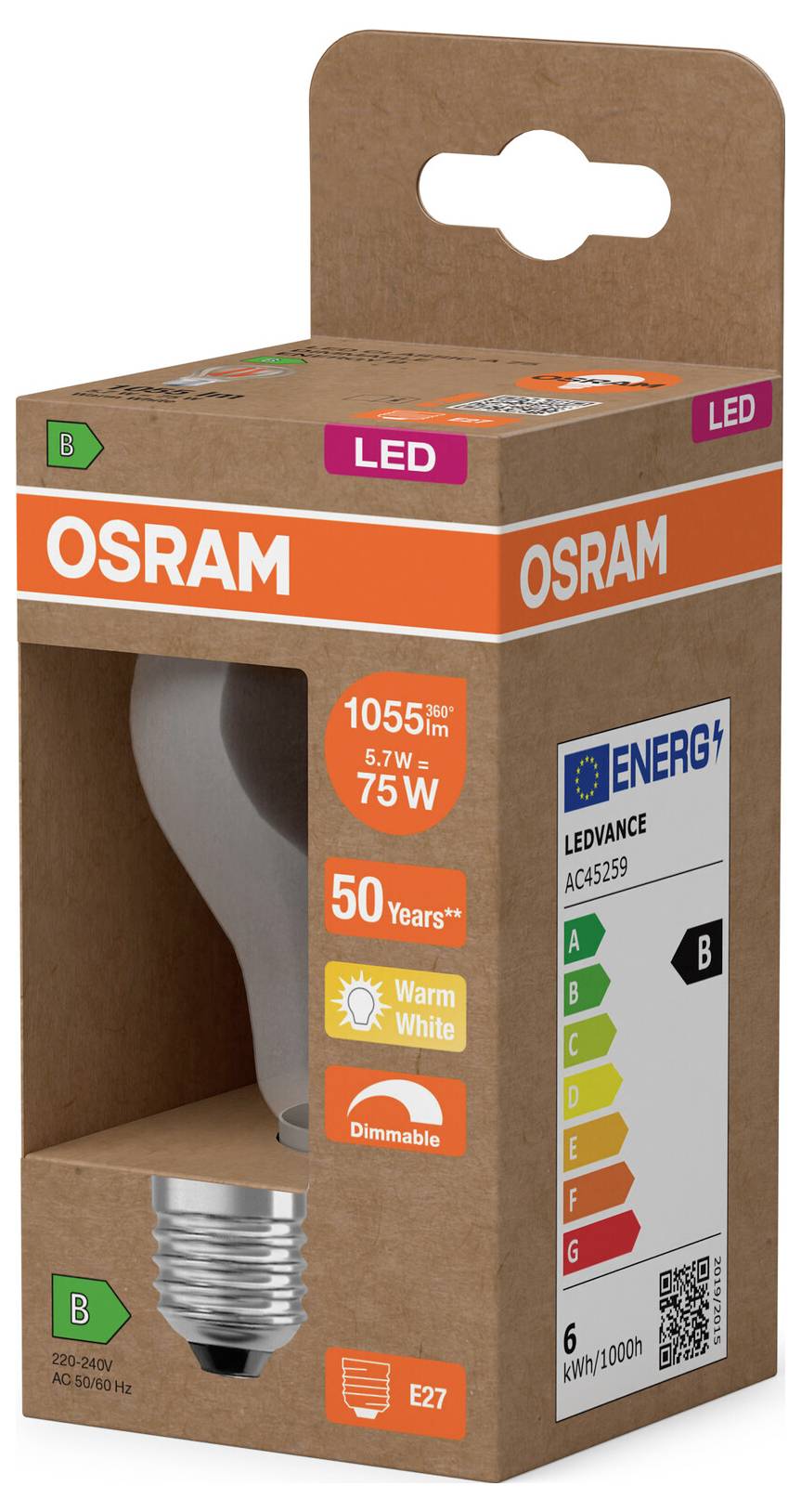 OSRAM LED-Glühbirnen-Verpackungsbox, zeigt 75W-Äquivalent, warmweiß, dimmbar, E27-Fassung und Energieeffizienzklasse B.