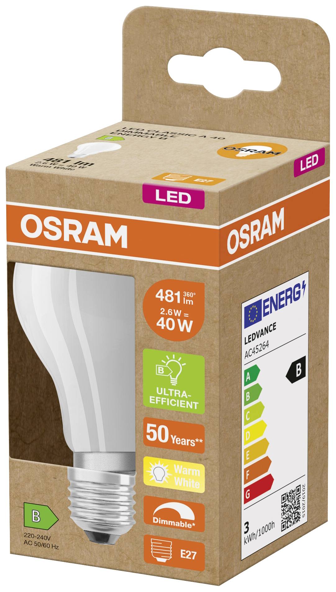 OSRAM HOMELIGHTING 4099854065842 LED EEK B (A - G) E27 Kolbenform 2.6W = 40W Warmweiß (Ø x H) 60mm x 60mm dimmbar 1St.