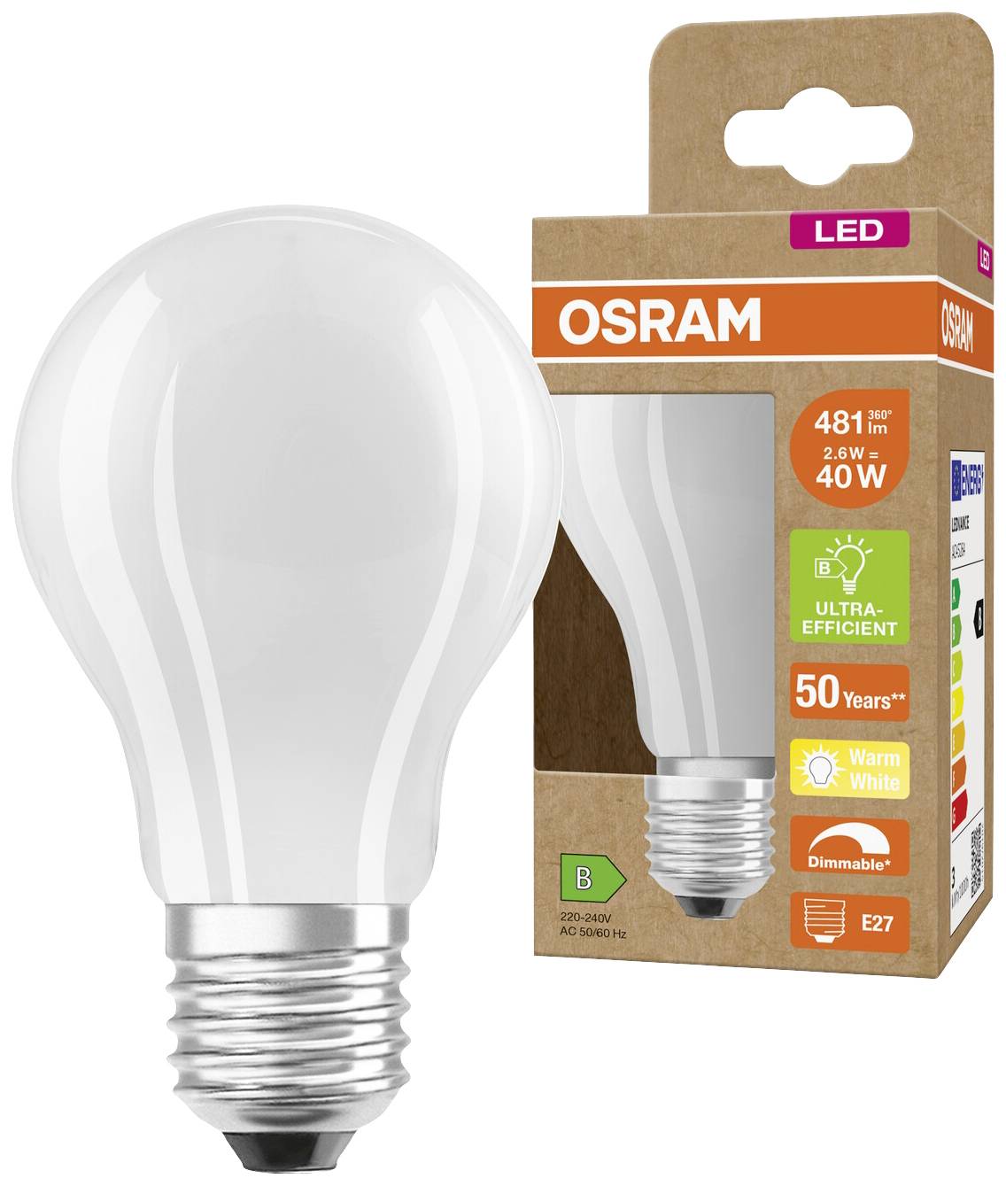 OSRAM HOMELIGHTING 4099854065842 LED EEK B (A - G) E27 Kolbenform 2.6W = 40W Warmweiß (Ø x H) 60mm x 60mm dimmbar 1St.