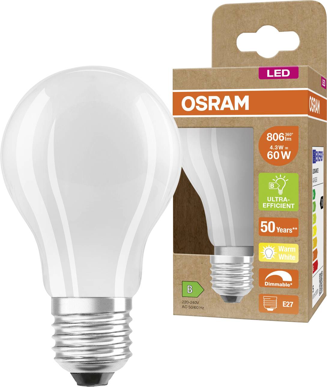 OSRAM LED-Glühbirne mit Verpackung, gekennzeichnet mit 806 lm, 4,3 W, 60 W Äquivalent, warmweiß, dimmbar, E27-Sockel.