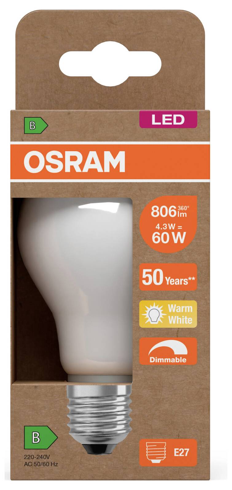 Packung einer OSRAM LED-Glühbirne mit 806 lm, 4,3 W = 60 W, warmweiß, dimmbar, E27-Fassung, Energieklasse B, 50 Jahre.