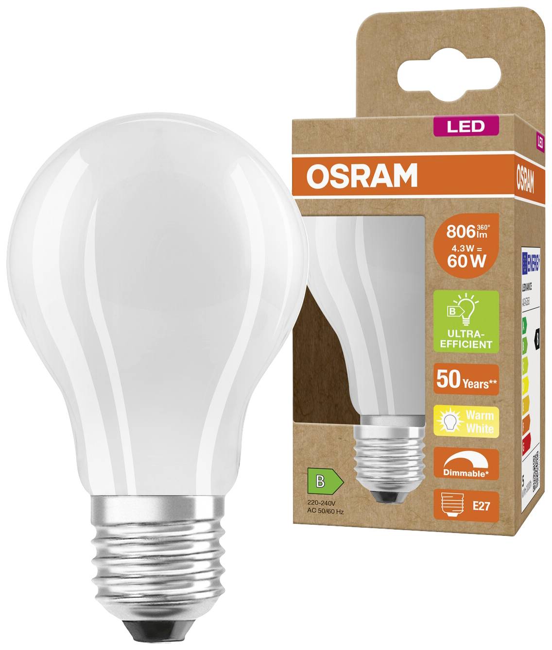 LED-Glühbirne von OSRAM, 806 Lumen, 4,3 W, entspricht 60 W, warmweiß, dimmbar, Energieklasse B, 25 Jahre Lebensdauer.
