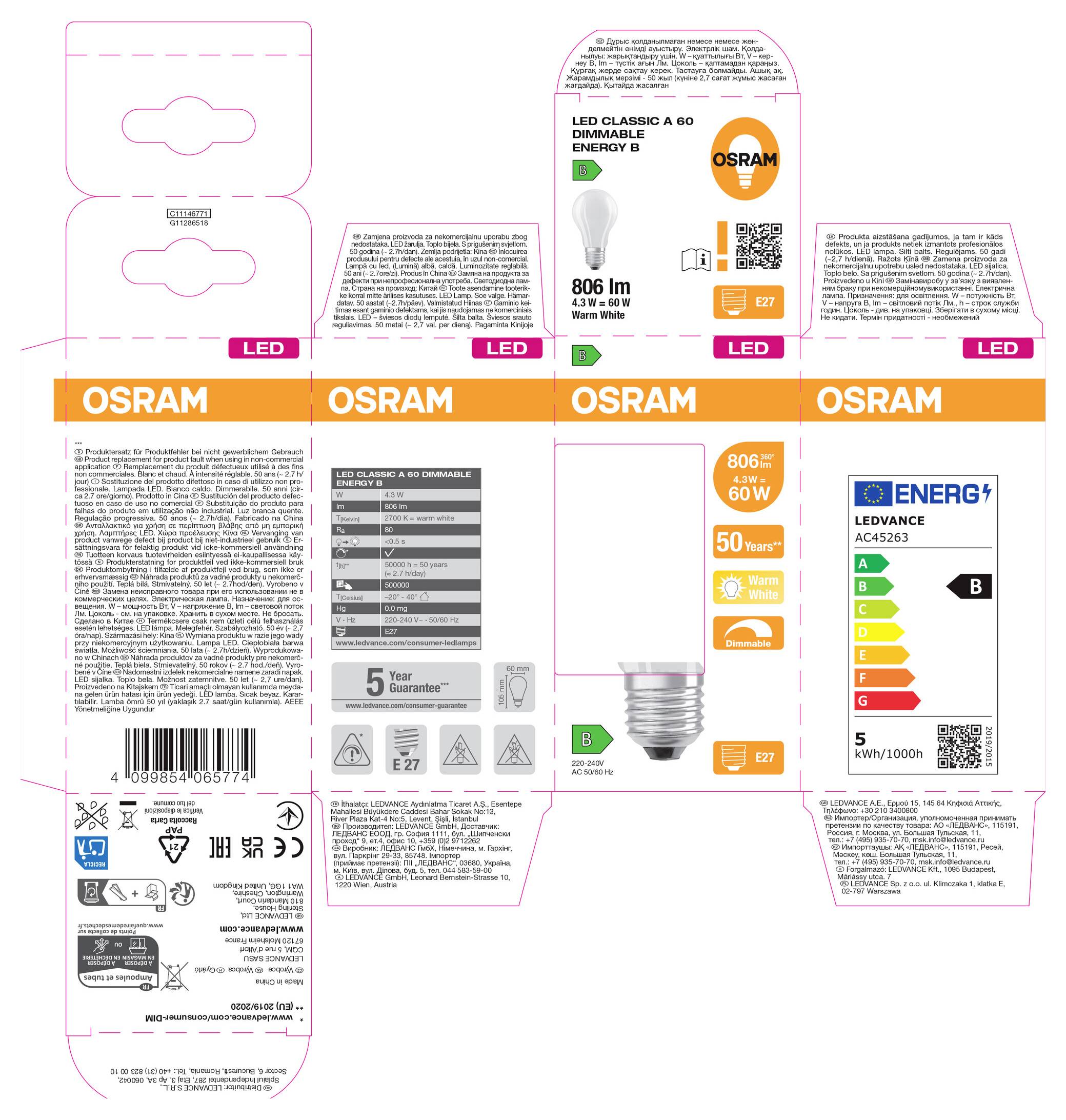 OSRAM LED Classic A60 Glühbirnen-Verpackung mit Stanzlinien zeigt Vorder-, Rück- und Seitenpaneele mit Produktdetails, 806 lm, E27-Sockel, dimmbar und Energielabel B.