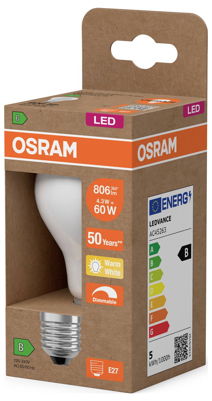 OSRAM LED-Glühbirne Einzelhandelsverpackung, zeigt 806 lm, 60W-Äquivalent, warmweiß, dimmbar, E27-Sockel und B-Energieeffizienzklasse.