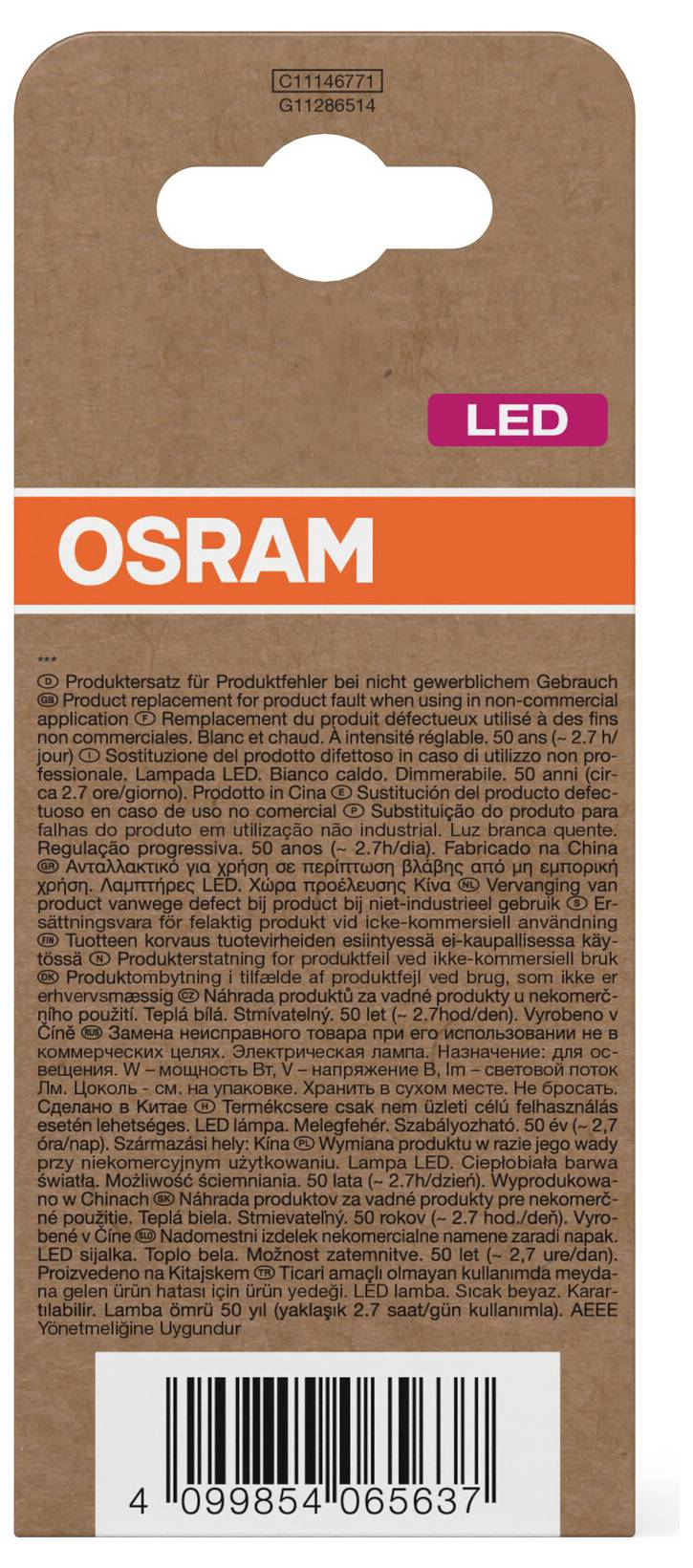 OSRAM LED Produktpaket mit orangem Branding, braunem Kartonhintergrund, mehrsprachigen Produktinformationen und Barcode am unteren Ende.