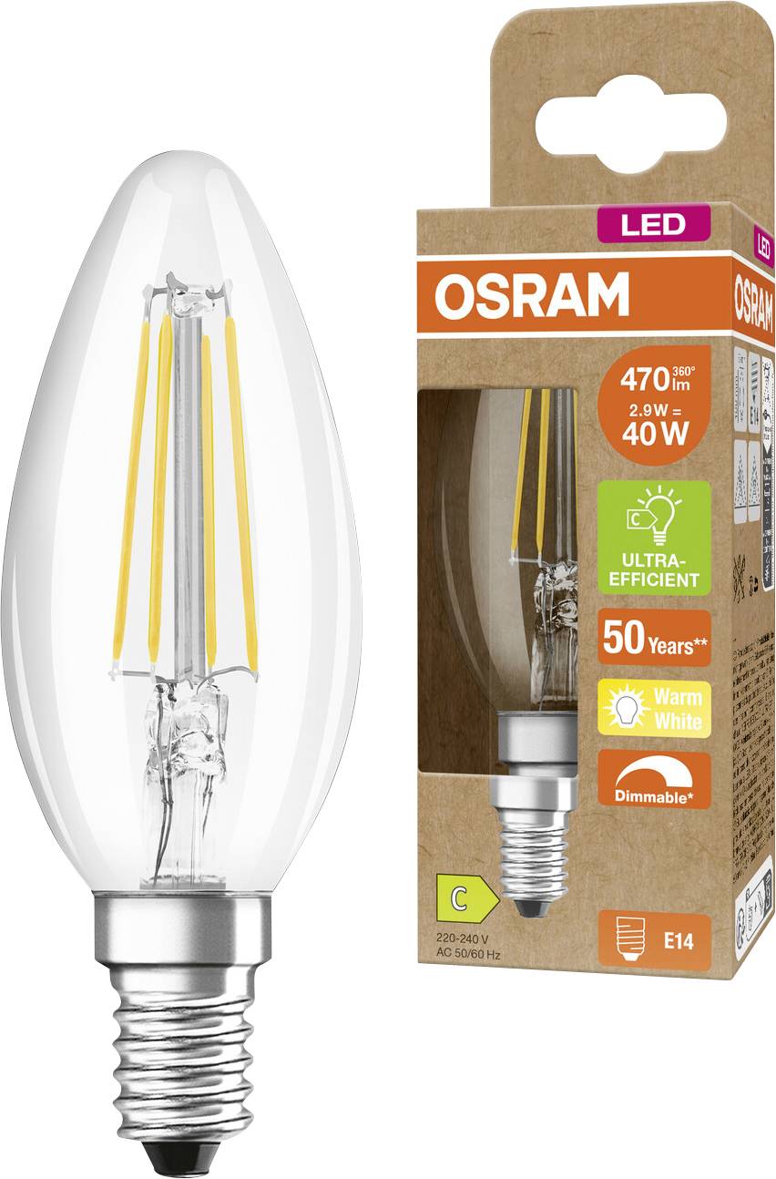 OSRAM LED-Kerzenlampe mit Verpackung, gekennzeichnet mit 470 lm, 2,9 W, 40 W Entsprechung, warmweiß, dimmbar, E14-Sockel.