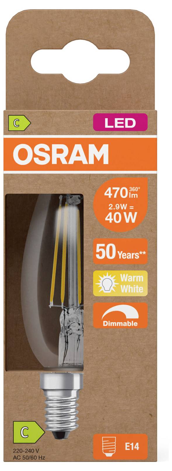 OSRAM LED-Glühbirne, 4W, Warmweiß, dimmbar, E14-Sockel, Energieklasse C, mit 470 lm und Abbildung der Glühbirne.