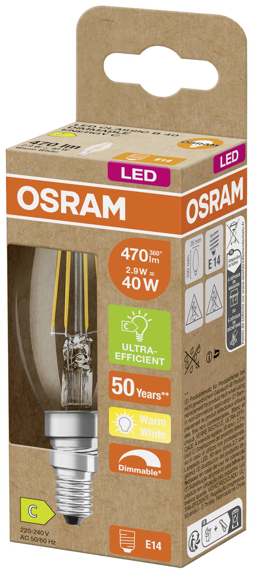 OSRAM HOMELIGHTING 4099854065989 LED EEK C (A - G) E14 Kerzenform 2.9W = 40W Warmweiß (Ø x H) 35mm x 35mm dimmbar 1St.