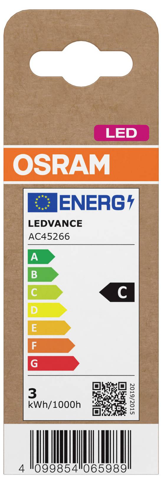 OSRAM LEDVANCE LED-Glühbirne Verpackung mit EU-Energieetikett, Energieeffizienzklasse C und Strichcode.