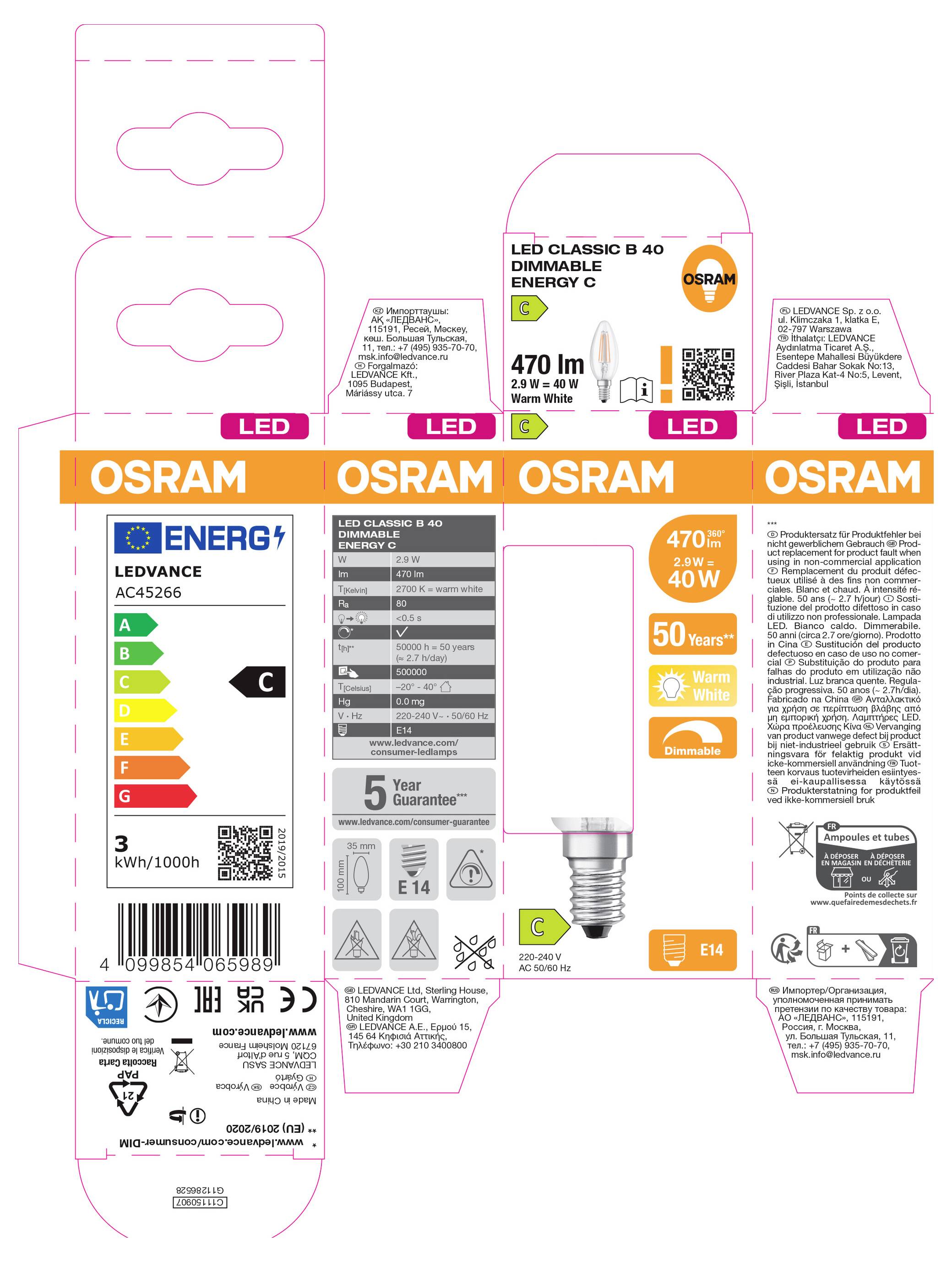 OSRAM LED-Glühbirne mit Verpackung und Energielabel, 470 lm, 4 W, E14-Fassung, 50.000 Stunden Lebensdauer und Produktinformationstafeln.