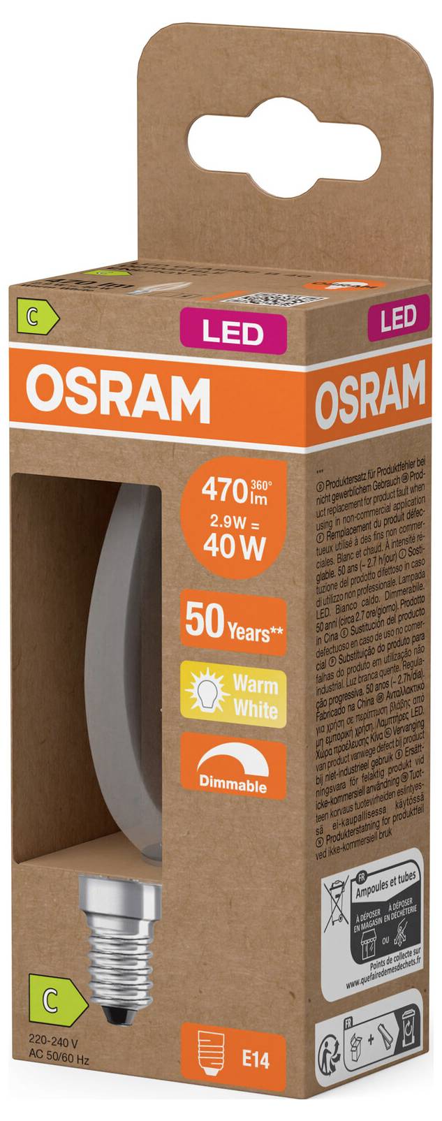 OSRAM LED-Glühbirne, Verpackung mit Beschriftung 40W-Äquivalent, Warmweiß, dimmbar, E14-Sockel, 470 lm, 50.000 Stunden, Energieklasse C.