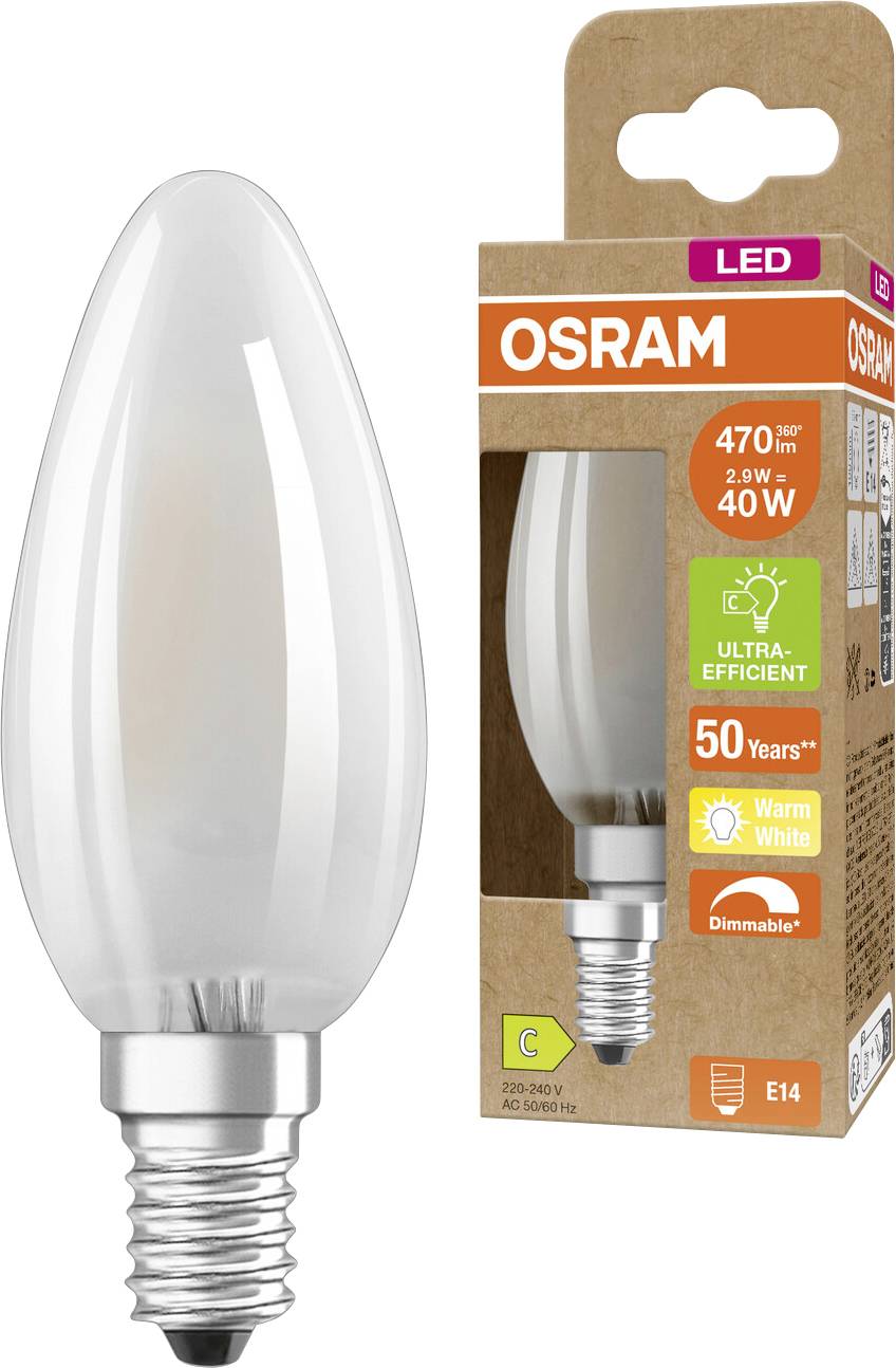 OSRAM LED-Kerzenlampe und Einzelhandelsverpackung, gekennzeichnet mit 470 Lumen, 2,7 W, 40-W-Äquivalent, warmweiß, dimmbar, E14-Sockel, Energieklasse C.