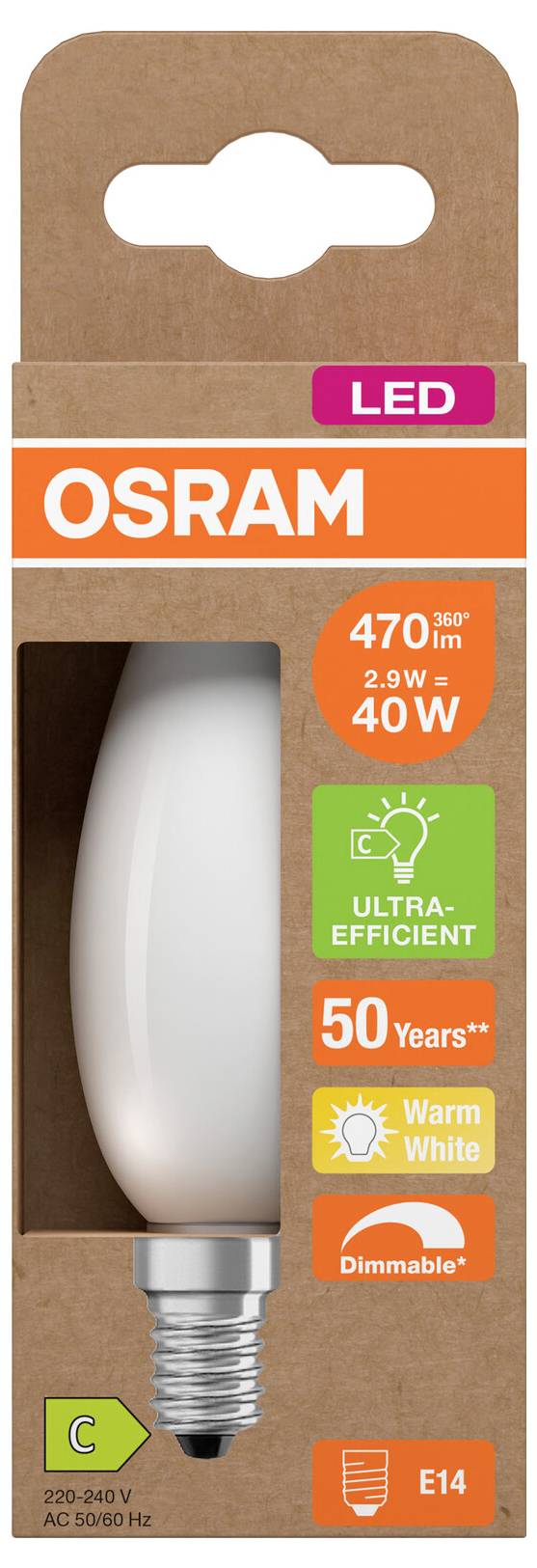 OSRAM LED-Glühbirnenverpackung mit einer warmweißen, dimmbar E14-Birne, 40W-Äquivalent, ultraeffizient, Energieklasse C.