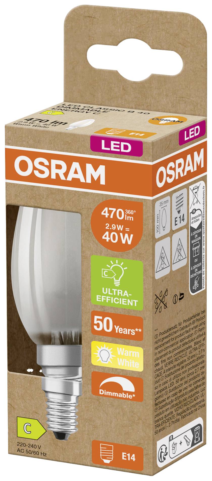 OSRAM HOMELIGHTING 4099854066085 LED EEK C (A - G) E14 Kerzenform 2.9W = 40W Warmweiß (Ø x H) 35mm x 35mm dimmbar 1St.