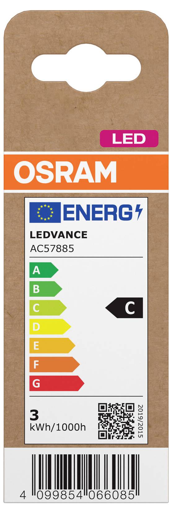 OSRAM LEDVANCE Glühbirnenpackung mit EU-Energieetikett, Energieeffizienzklasse C, 3 kWh/1000h und Barcode.