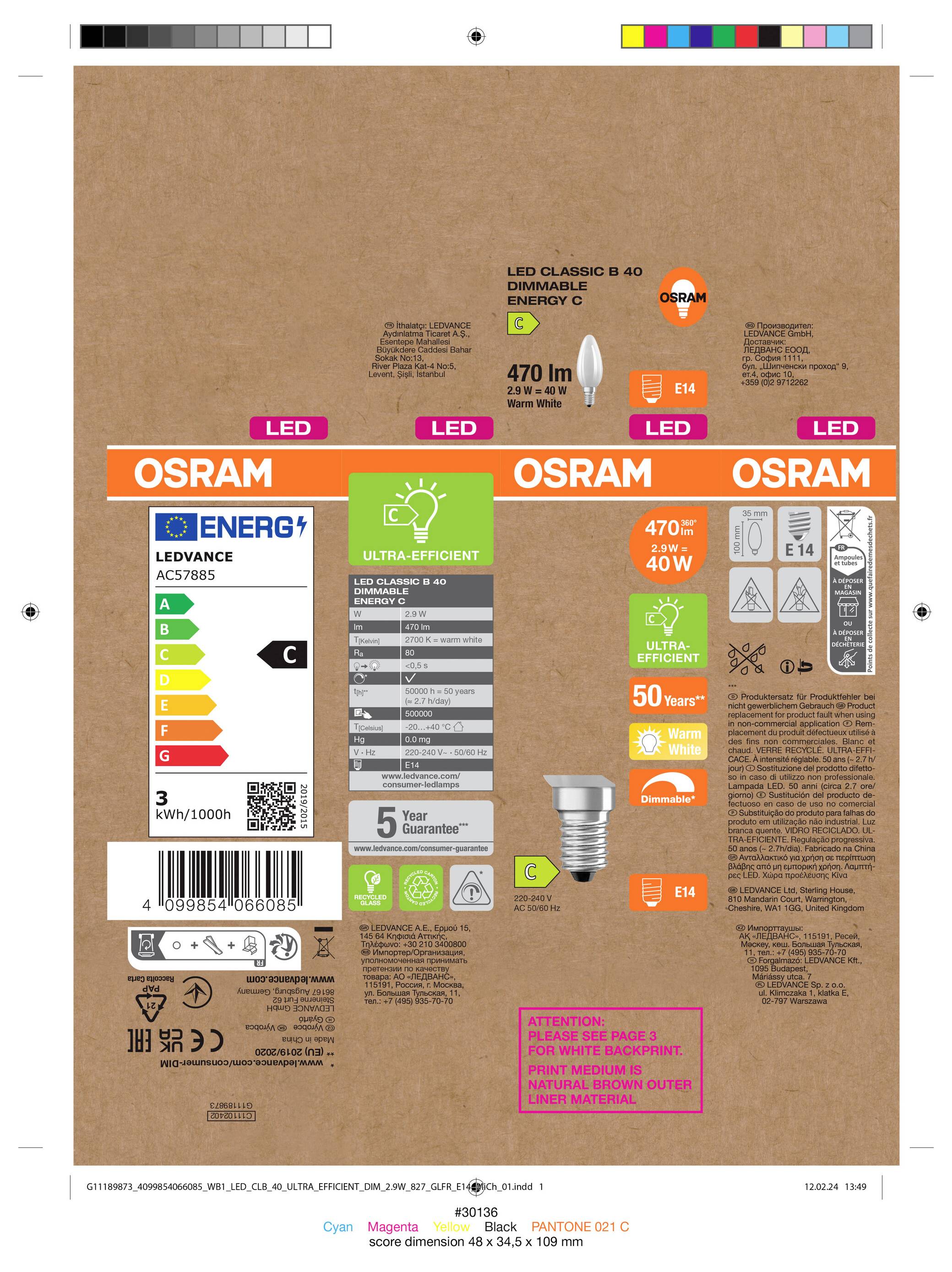 Paket mit Osram LED Classic A60 dimmbar energiesparenden Glühbirnen mit Produkt- und Effizienzlabeln, einschließlich 470 lm und 4 W