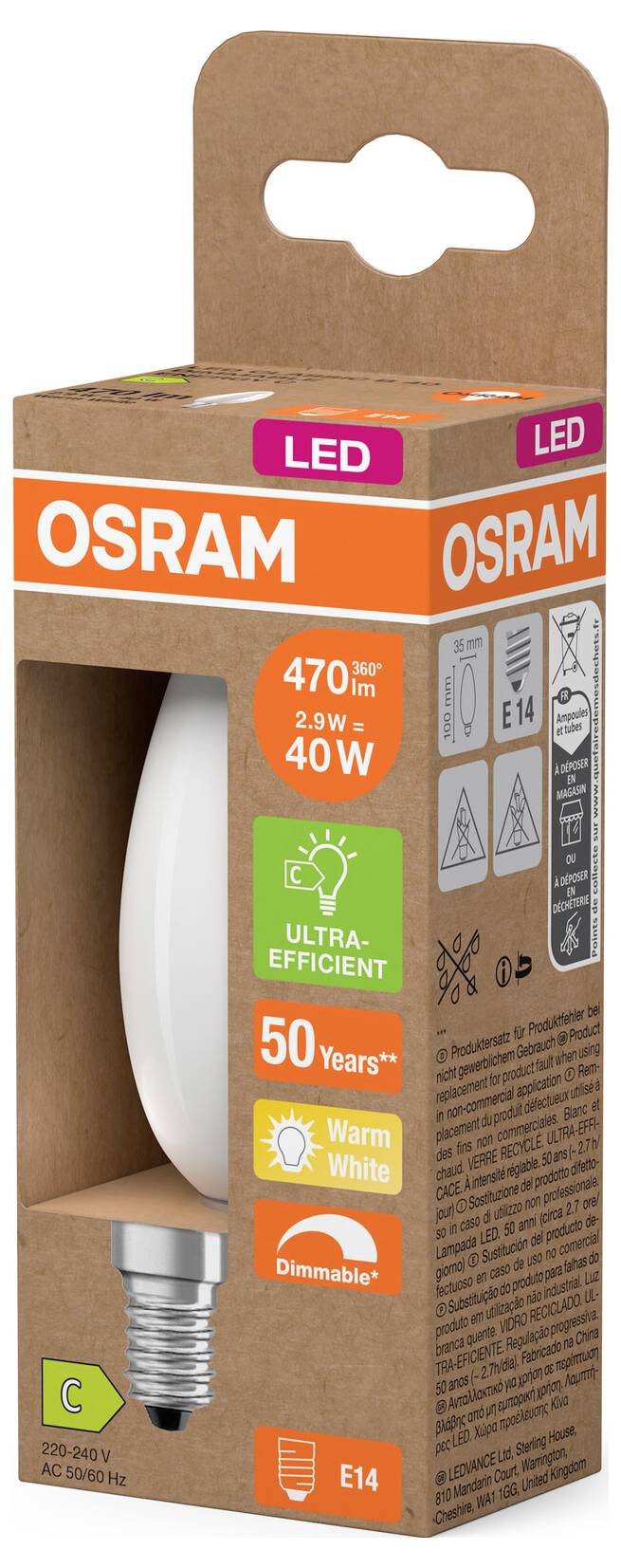 OSRAM LED-Glühbirne in Einzelhandelsverpackung, gekennzeichnet als 40-W-Äquivalent, warmweiß, dimmbar, E14-Fassung, hocheffizient und mit 50 Jahren Lebensdauer.