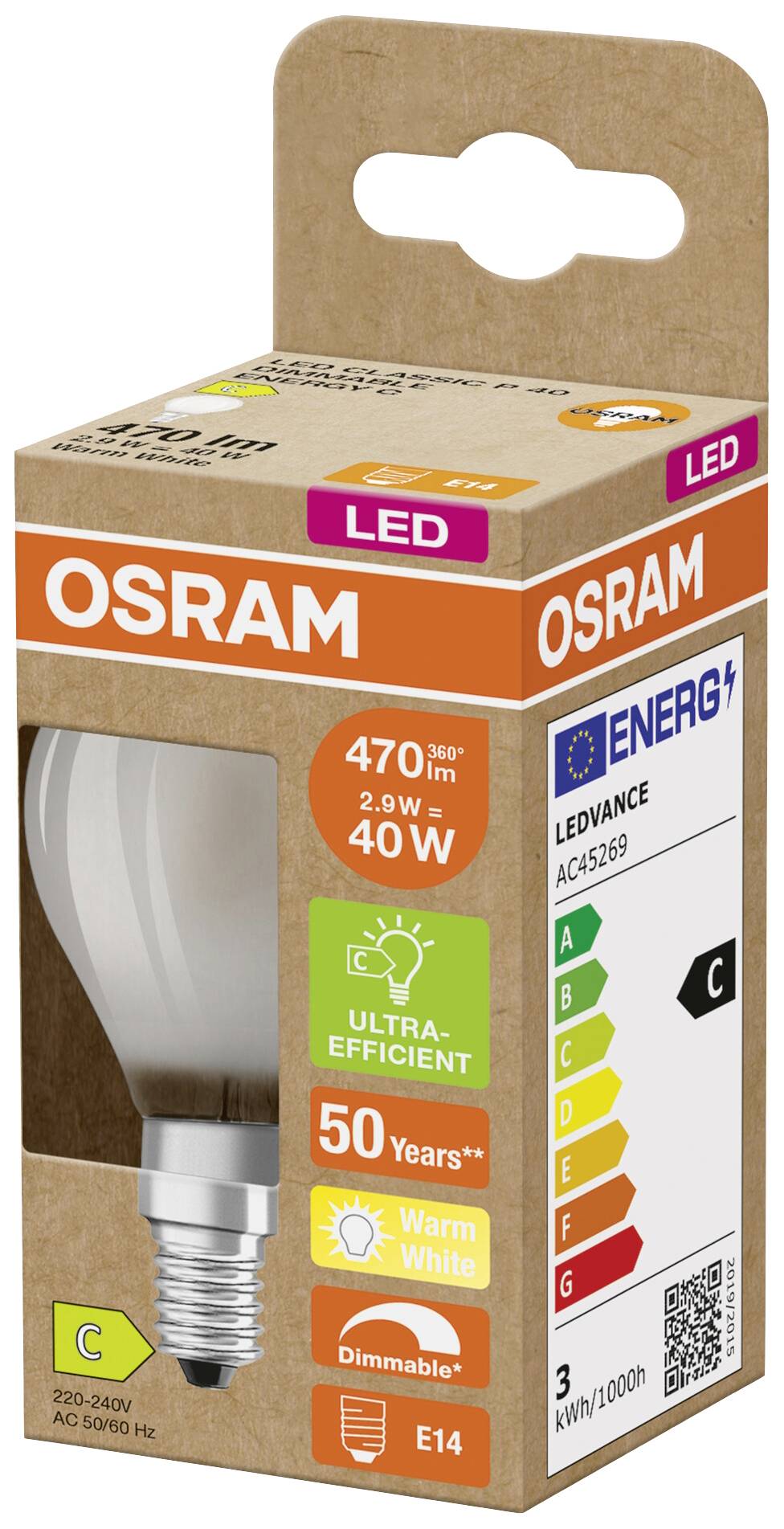 OSRAM HOMELIGHTING 4099854066351 LED EEK C (A - G) E14 Globe (mini) 2.9W = 40W Warmweiß (Ø x H) 45mm x 45mm dimmbar 1St.