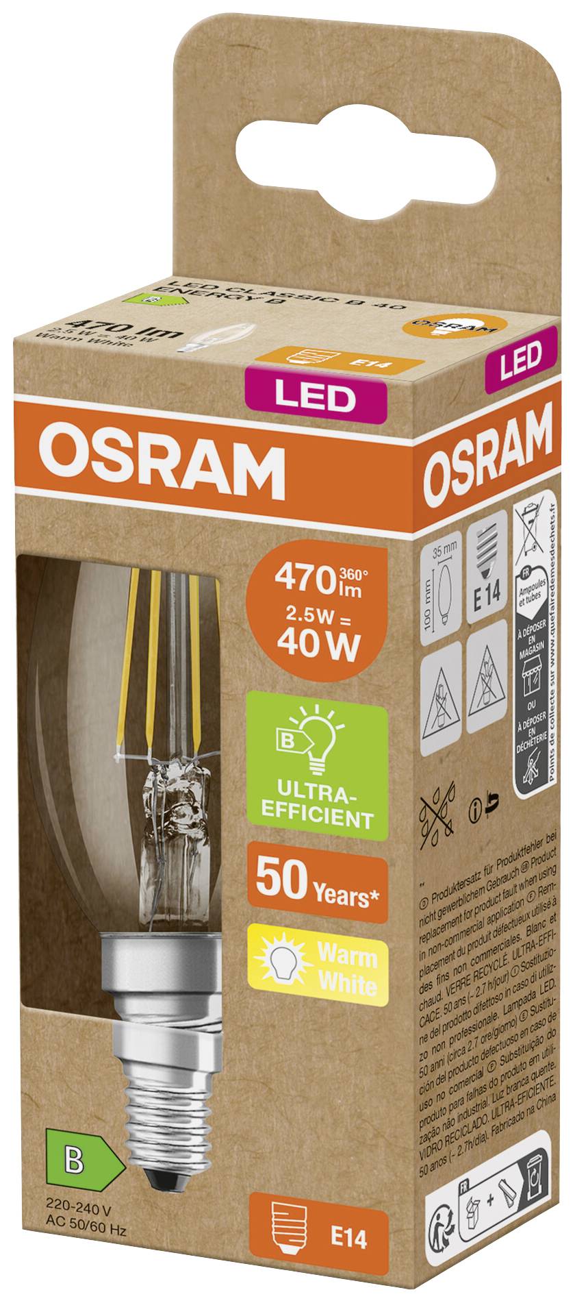 LED-Birnenverpackung: Marke OSRAM, 470 Lumen, 2,5 Watt, entspricht 40 Watt, warmweißes Licht, Energieeffizienzklasse B, Lebensdauer 50 Jahre.