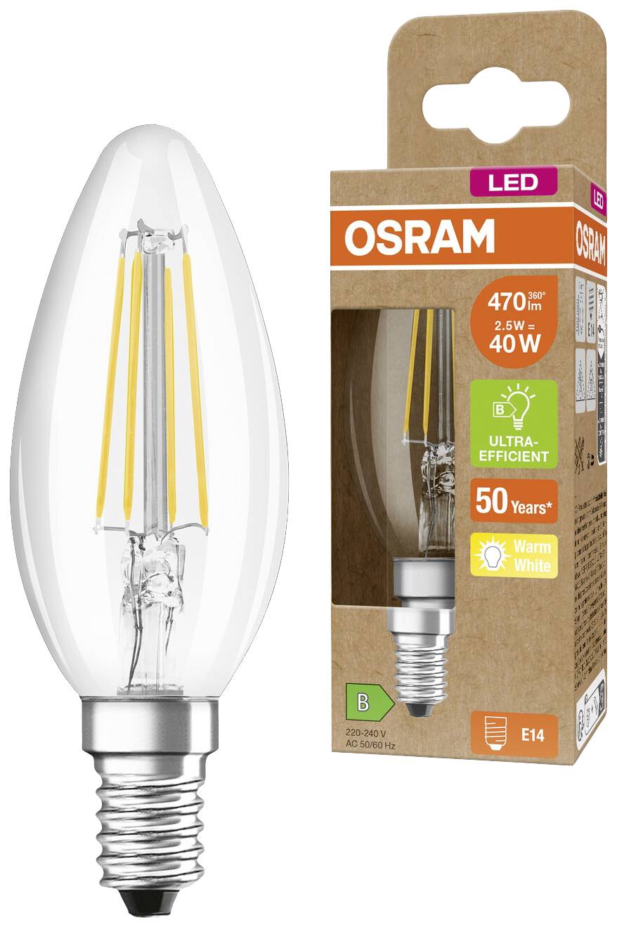 Eine LED-Glühbirne in Kerzenform neben ihrer Verpackung. Auf der Packung steht 'OSRAM', '470 lm', '2,5 W = 40 W', 'Ultra-Efficient', 'Warm White'.