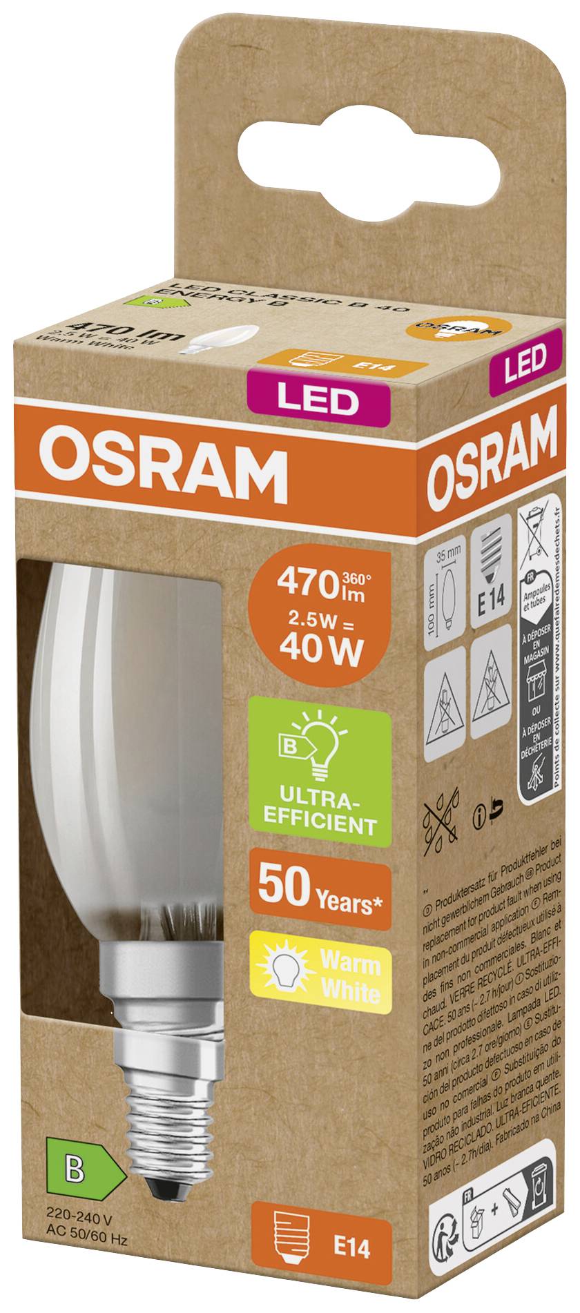 Eine LED-Glühbirnenverpackung von Osram. Details: 470 Lumen, 2,5W entspricht 40W, Energieeffizienz B, warmweiß, 50 Jahre Lebensdauer.