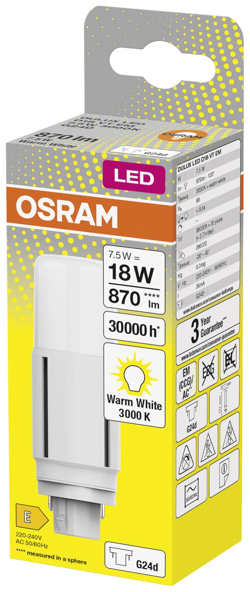 OSRAM HOMELIGHTING 4058075824539 LED EEK E (A - G) G24-d 7.5W = 18W Warmweiß (Ø x H) 37.70mm x 37.70mm 1St.