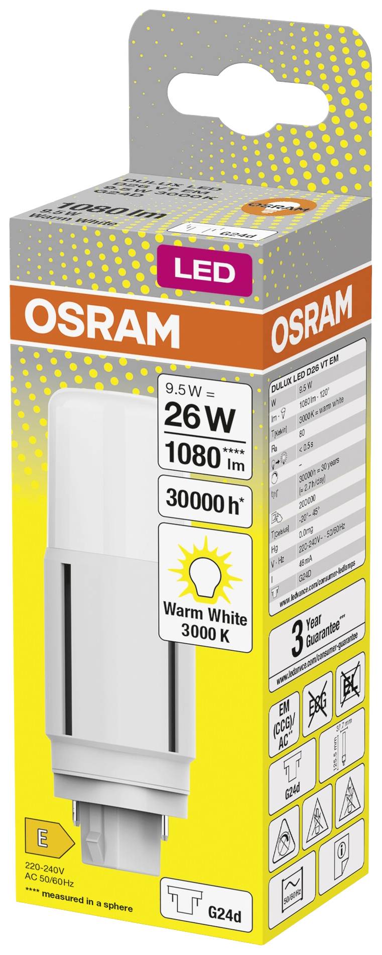 OSRAM HOMELIGHTING 4058075824577 LED EEK E (A - G) G24-d 9.5 W = 26 W Warmweiß (Ø x H) 37.70 mm x 37.70 mm 1 St.