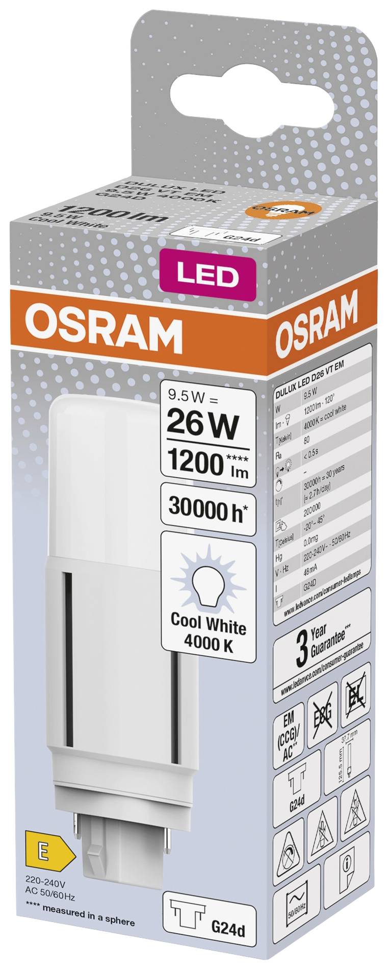 Die Verpackung zeigt eine OSRAM LED-Lampe mit 9,5 Watt, 1200 Lumen, 4000 Kelvin 