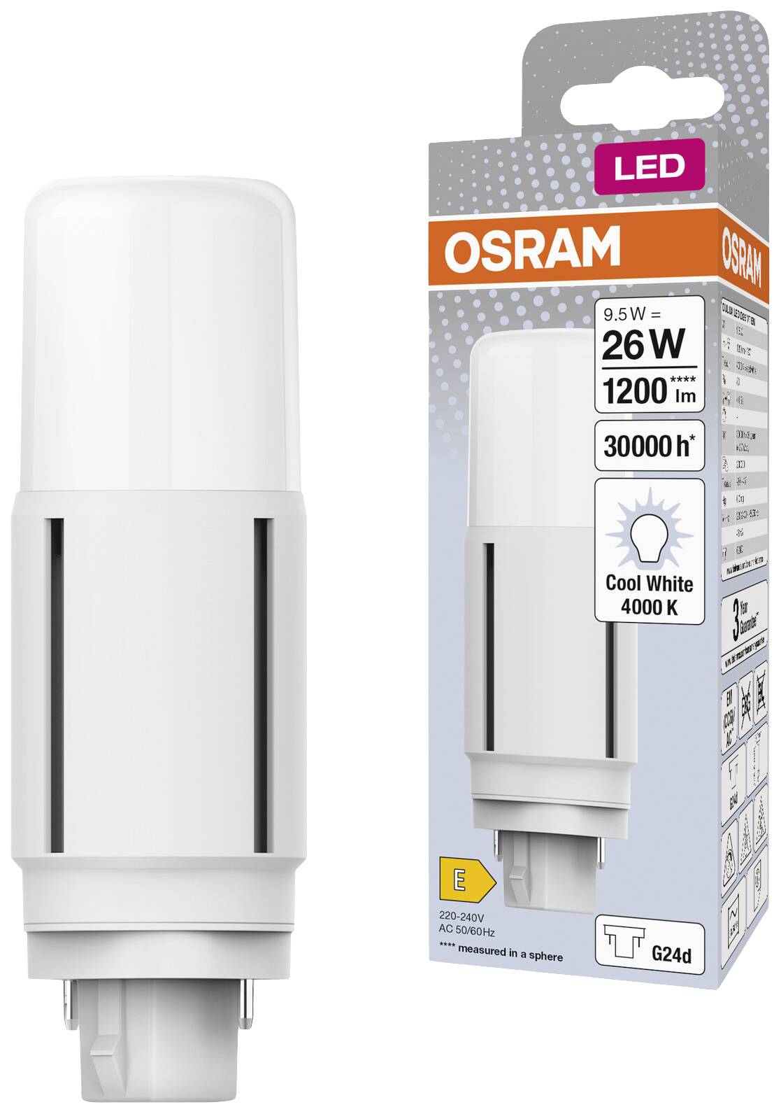 LED-Lampe von Osram mit 26W, 1200 Lumen und 4000 Kelvin in der Verpackung. Energieeffizient, Lebensdauer: 30.000 Stunden.