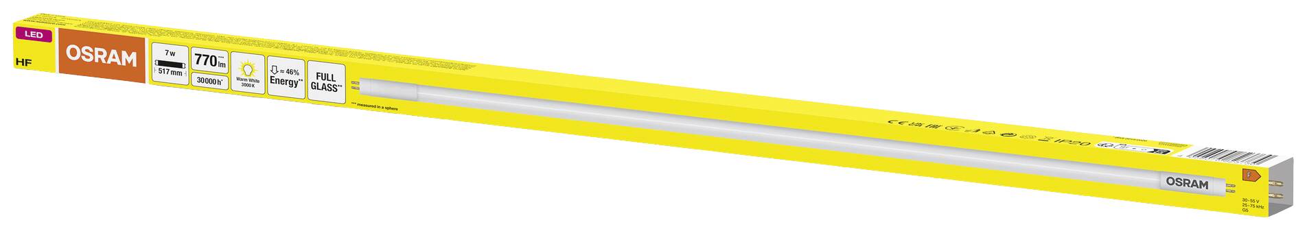 Gelbe Verpackung einer LED-Leuchtstoffröhre der Marke Osram, 120 cm lang, Energiesparhinweise und technische Spezifikationen aufgedruckt.