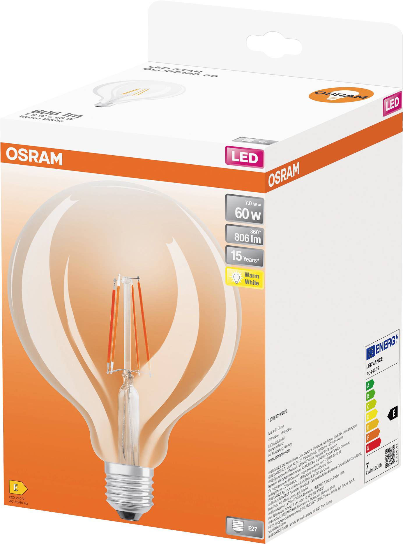 OSRAM HOMELIGHTING 4099854054174 LED EEK E (A - G) E27 Globeform 7W = 60W Warmweiß (Ø x H) 125mm x 125mm 1St.