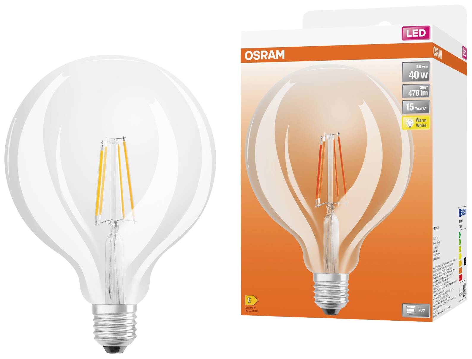Glühbirne und Verpackung. OSRAM LED, 40W, 470 lm, warmweiß. Energiesparend, E27. Produktdarstellung zeigt Design und Verpackung.