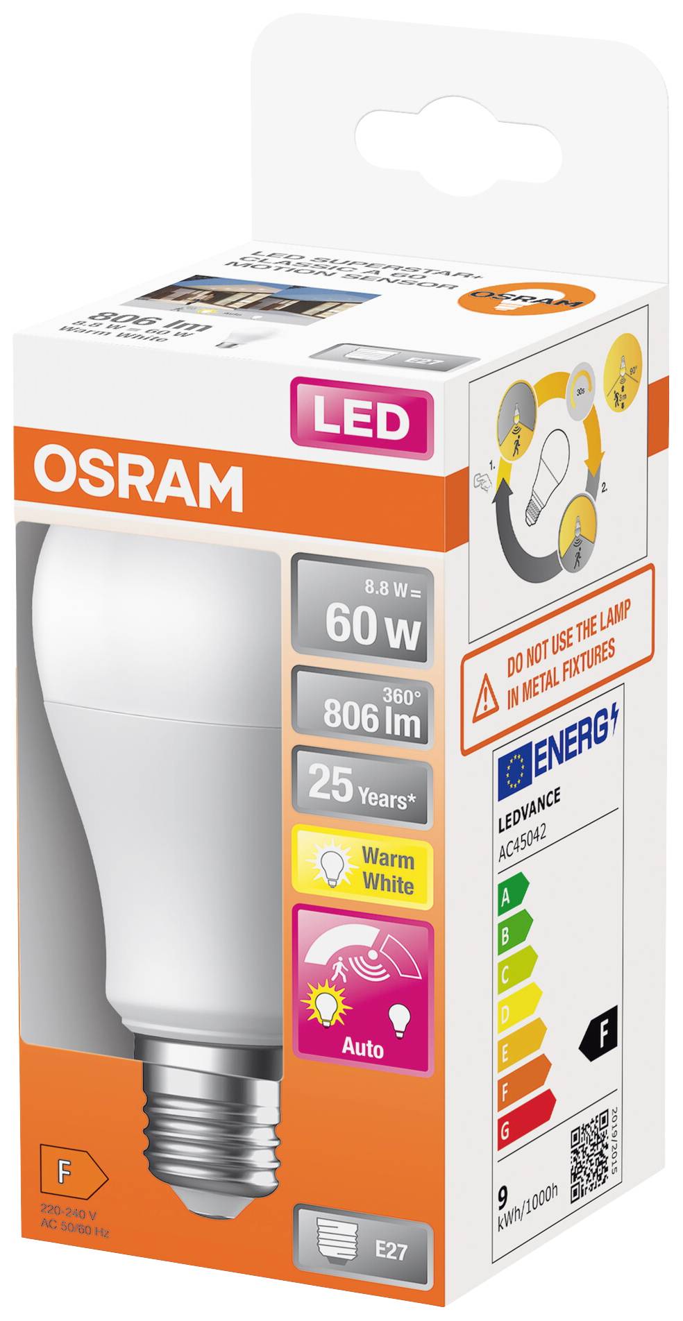 Osram LED-Lampe, 60 W, 806 lm, 25 Jahre Lebensdauer, warmweiß, Energieeffizienzklasse F. Verpackung zeigt Energiesparsymbole und Hinweise.